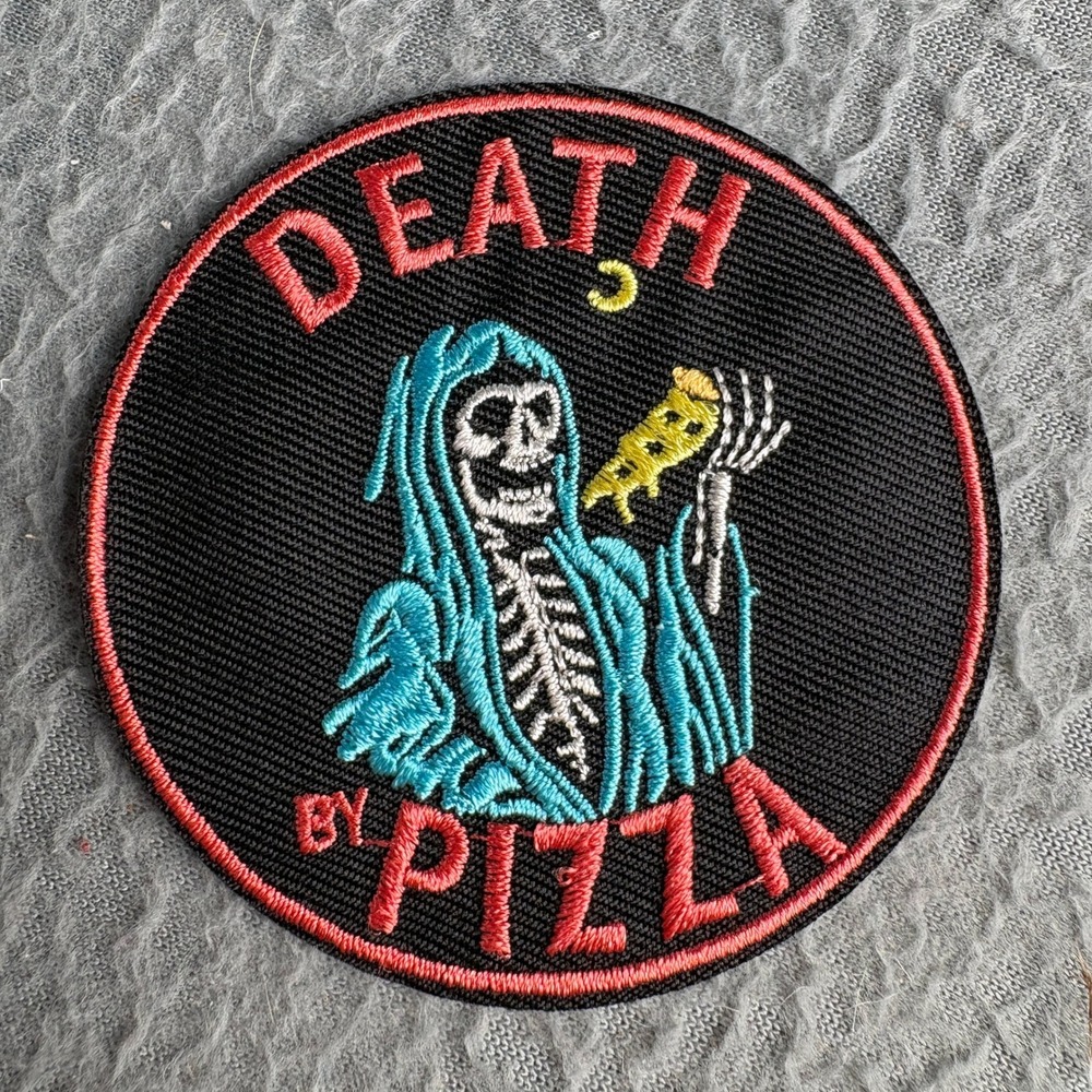 Death By Pizza Grim Reaper Embroidered Iron On Patch Black Red Blue 3 Inch